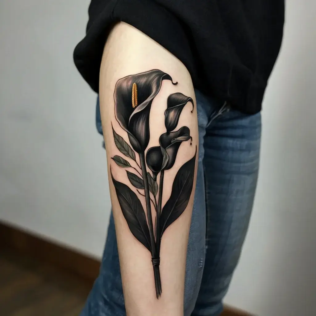 Tattoo of three black calla lilies with detailed shading and highlights on the arm, symbolizing elegance and mystery.