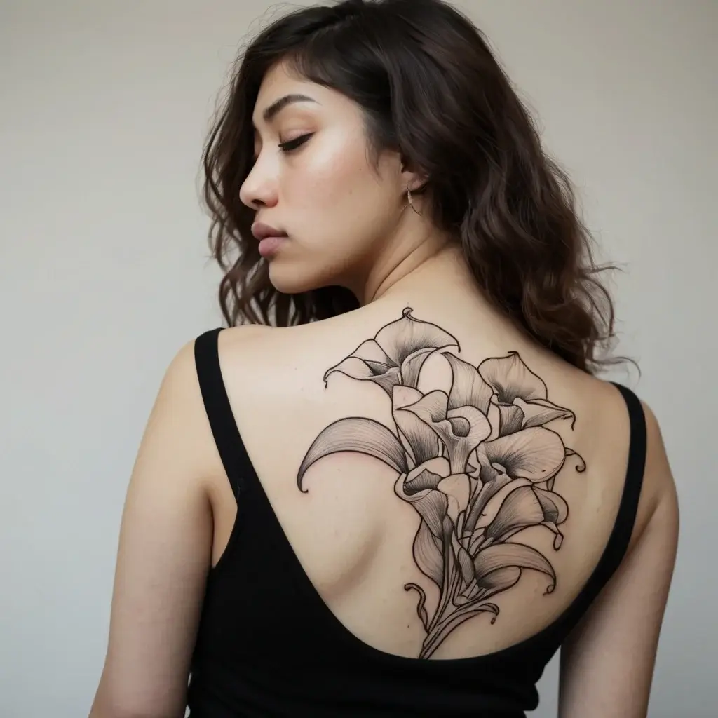 Tattoo of elegant calla lilies with intricate linework extends across the upper back, showcasing a detailed botanical design.