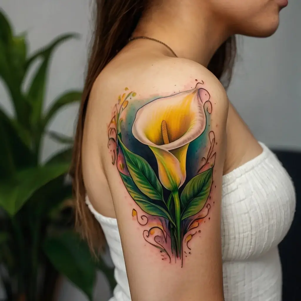 Colorful calla lily tattoo on upper arm with vibrant leaves and swirling elements, creating an elegant and artistic look.