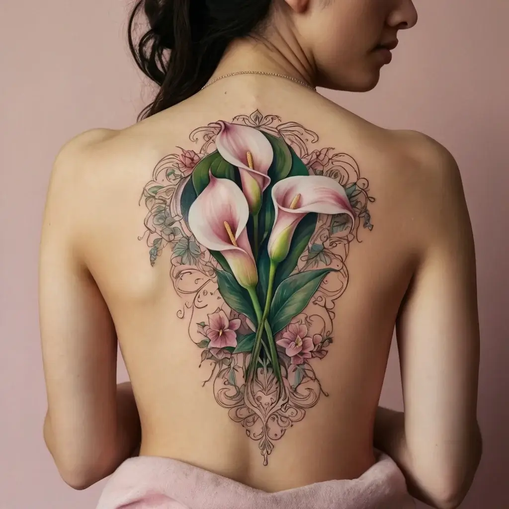 Back tattoo featuring elegant calla lilies and intricate floral patterns with ornate scrollwork accents.