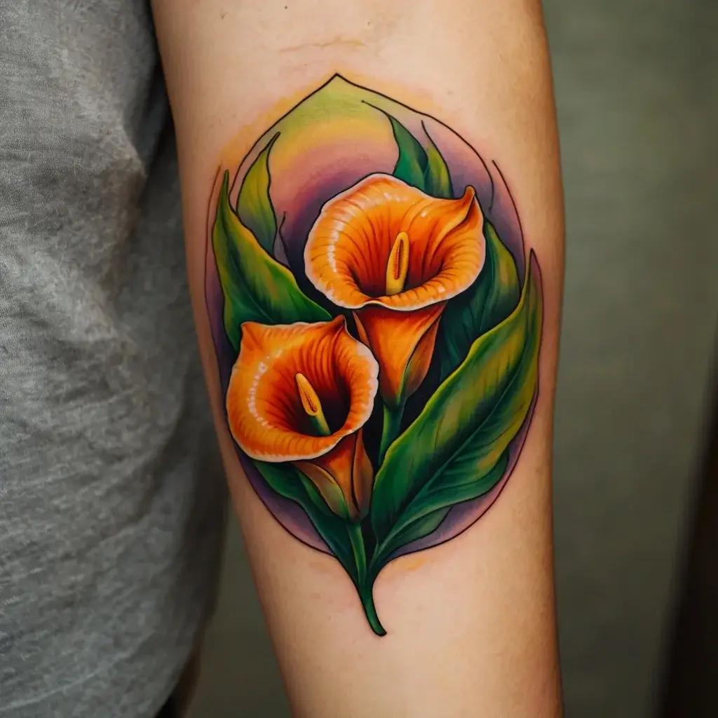 Tattoo of vibrant orange calla lilies with lush green leaves, set against a soft purple background, symbolizing beauty and rebirth.