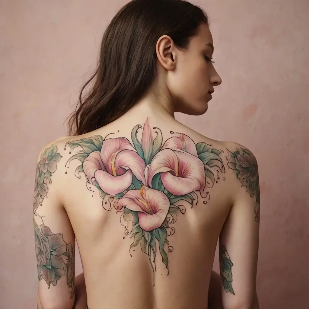 Elegant back tattoo of pink calla lilies with green leaves, detailed with delicate swirls extending to the shoulders.