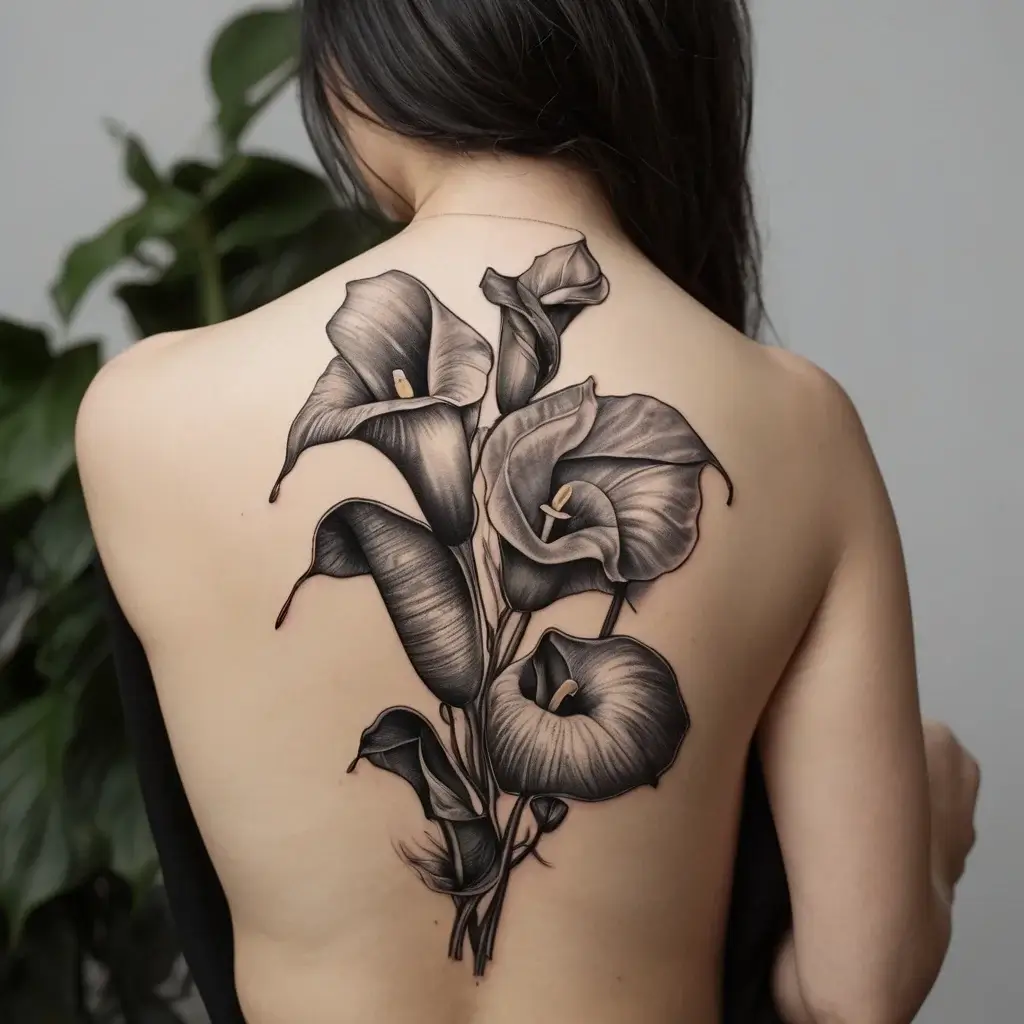 A detailed grayscale tattoo of calla lilies on a woman's back, showcasing elegant leaves and intricate shading.