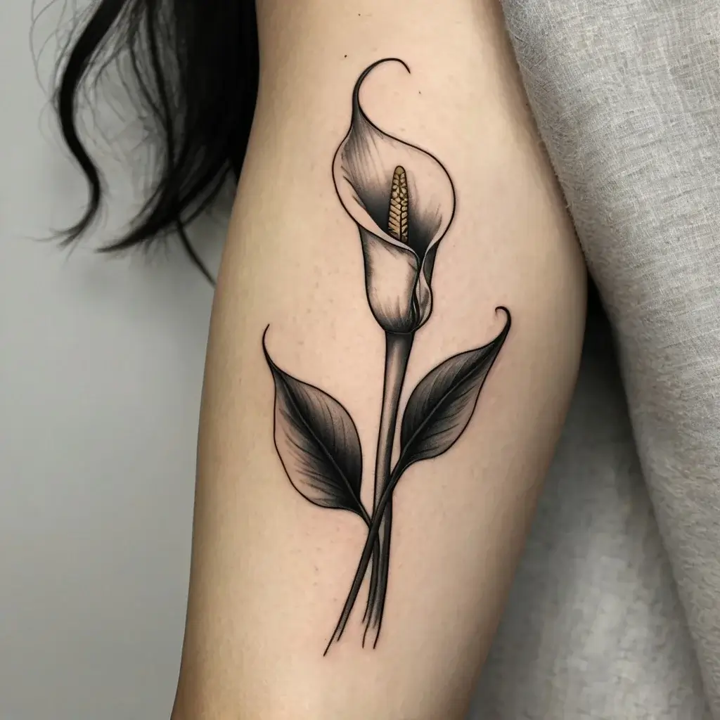 Tattoo of a calla lily in black and grey, with detailed shading and elegant curves on an upper arm.