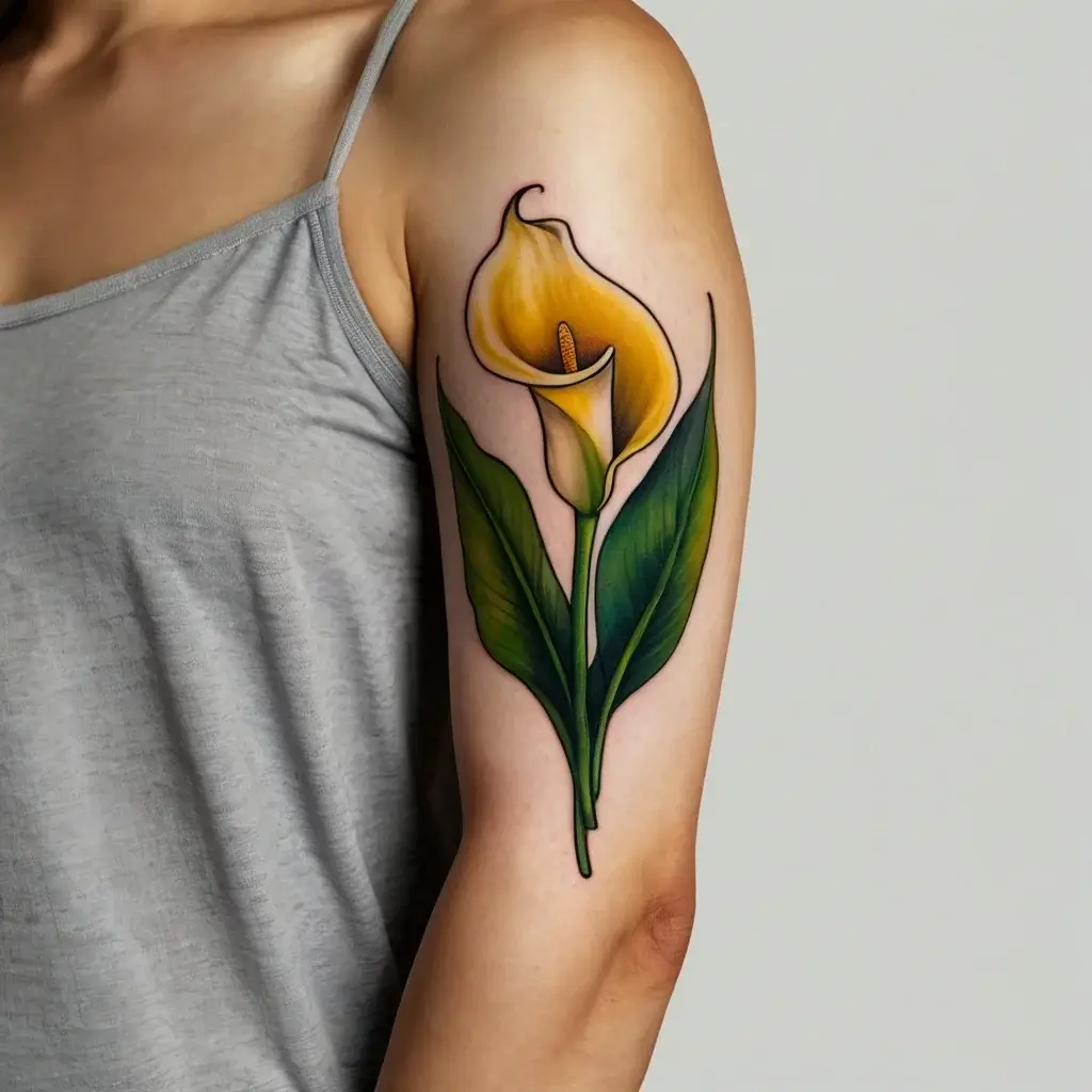 Colorful calla lily tattoo on upper arm, featuring vivid yellow petals and lush green leaves, symbolizing purity and beauty.