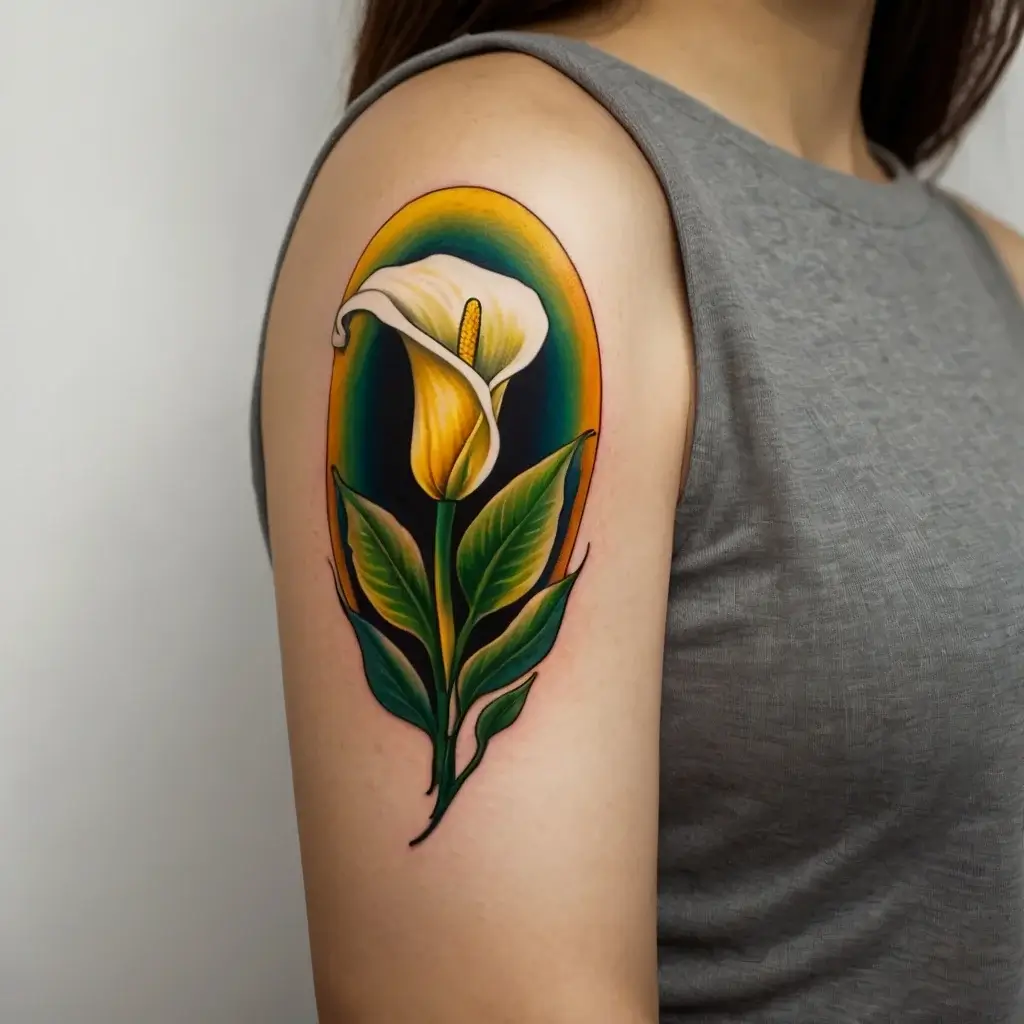 Tattoo of a vibrant calla lily on upper arm, highlighted with a golden aura, symbolizing elegance and purity.