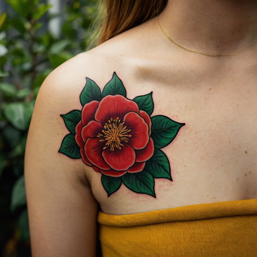 Bold red flower tattoo with detailed petals and vibrant green leaves on the shoulder, showcasing a traditional style.