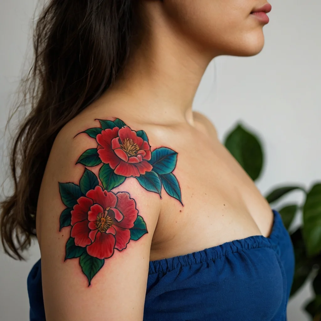 Tattoo of two vibrant red peonies with green leaves on the shoulder, showcasing a bold and colorful style.