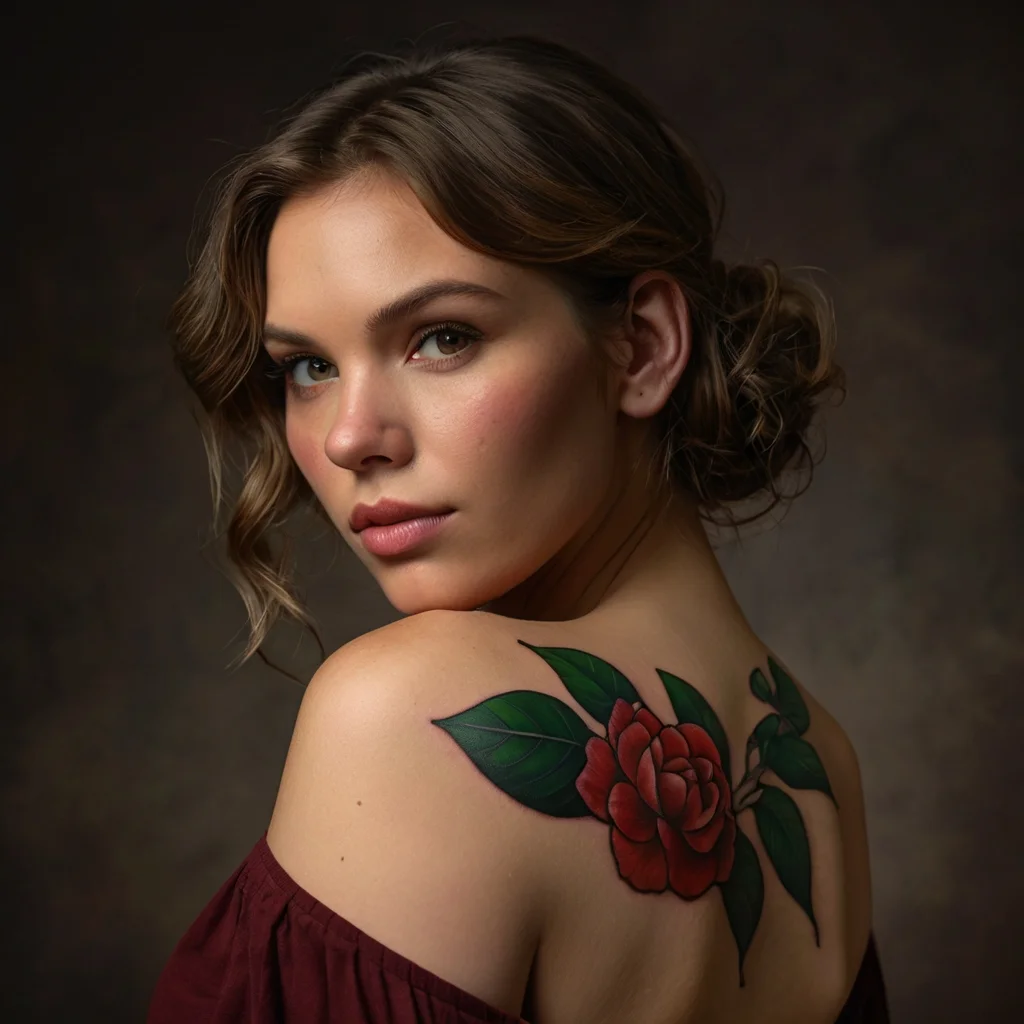 A vibrant red rose tattoo with lush green leaves on the shoulder, symbolizing beauty and passion.