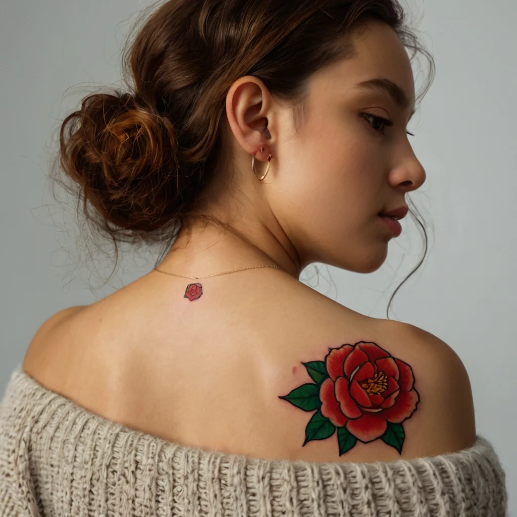 Rich red rose tattoo with green leaves on the shoulder, symbolizing beauty and passion, styled in bold, vivid colors.