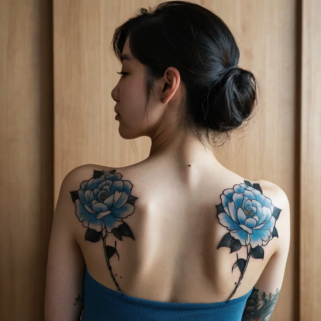 Tattoo of two large blue peonies with black leaves on both shoulders, each featuring detailed petals and stems.