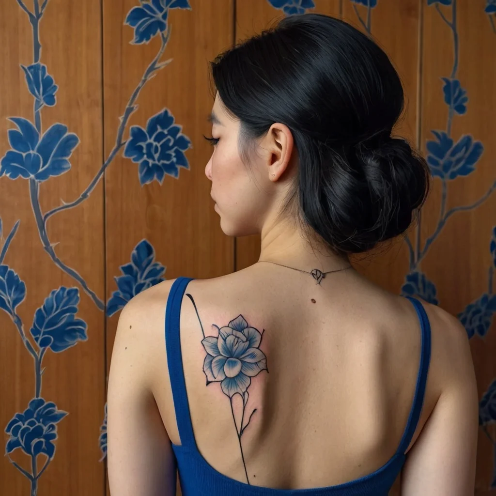 Elegant blue and black floral tattoo on the upper back, showcasing delicate shading and a slender stem design.