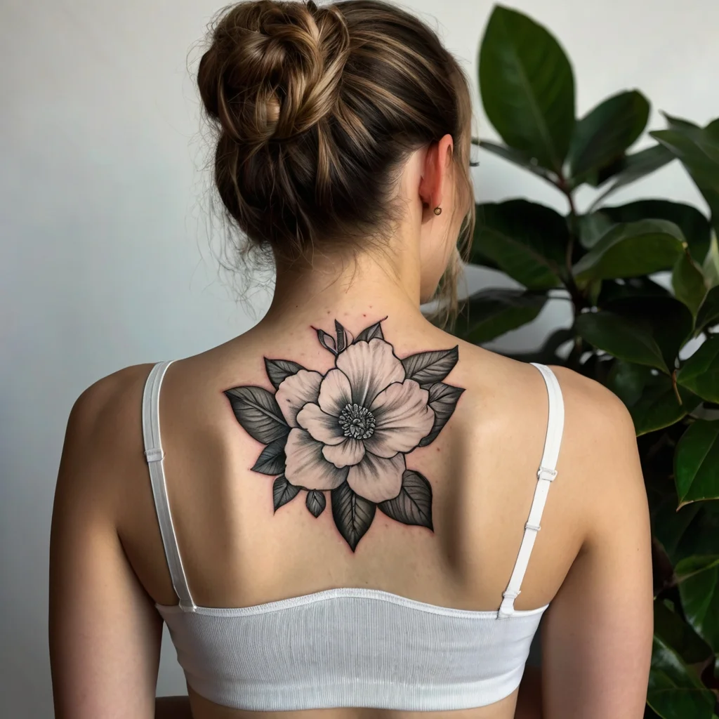 Intricate grayscale floral tattoo on upper back, featuring a large blooming flower with detailed petals and leaves.