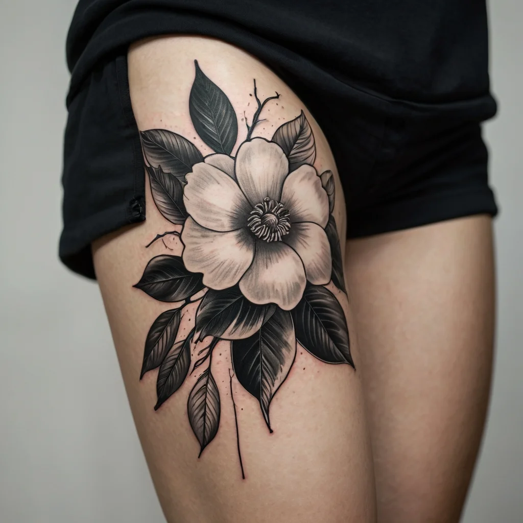 Black and gray floral tattoo on thigh, featuring a large, detailed blossom with intricate leaves and shading.