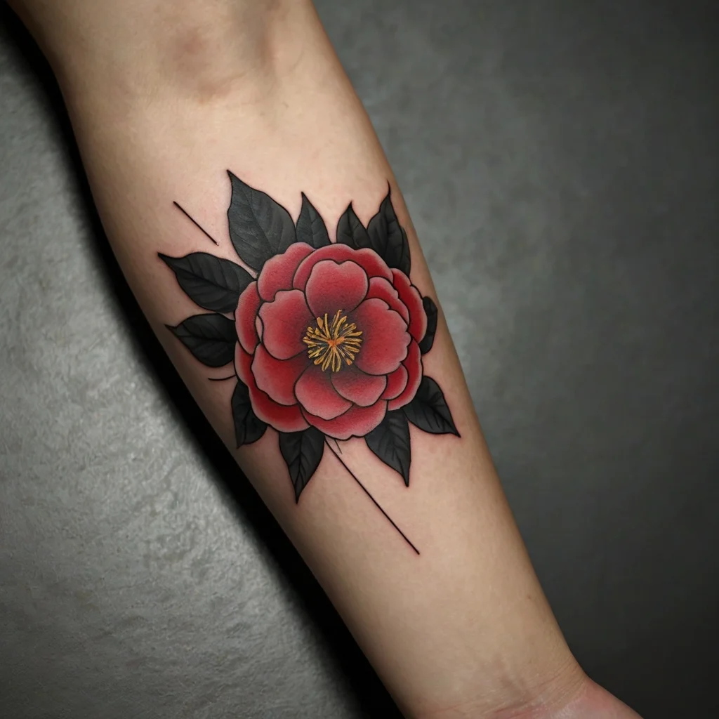 Tattoo of a vibrant red peony with dark leaves, featuring geometric line accents, showcasing bold colors and sharp contrasts.