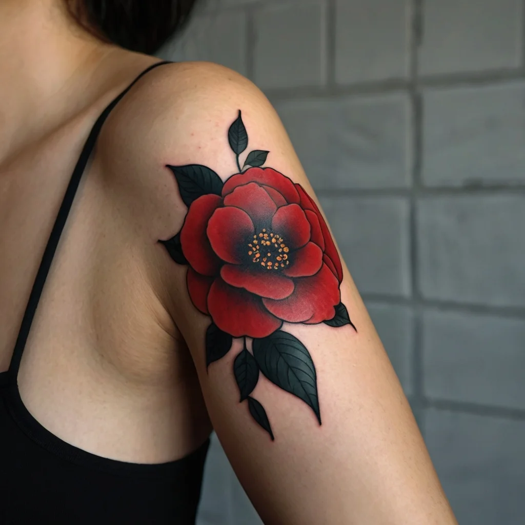 Bold red rose tattoo with deep black outlines and leaves, featuring intricate detailing on petals and yellow center dots.