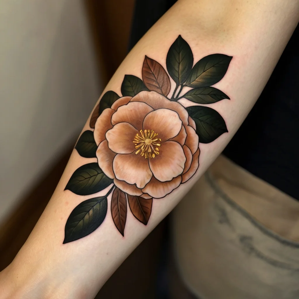 A realistic floral tattoo features a large, detailed peach blossom with dark green leaves, highlighting its vibrant beauty.