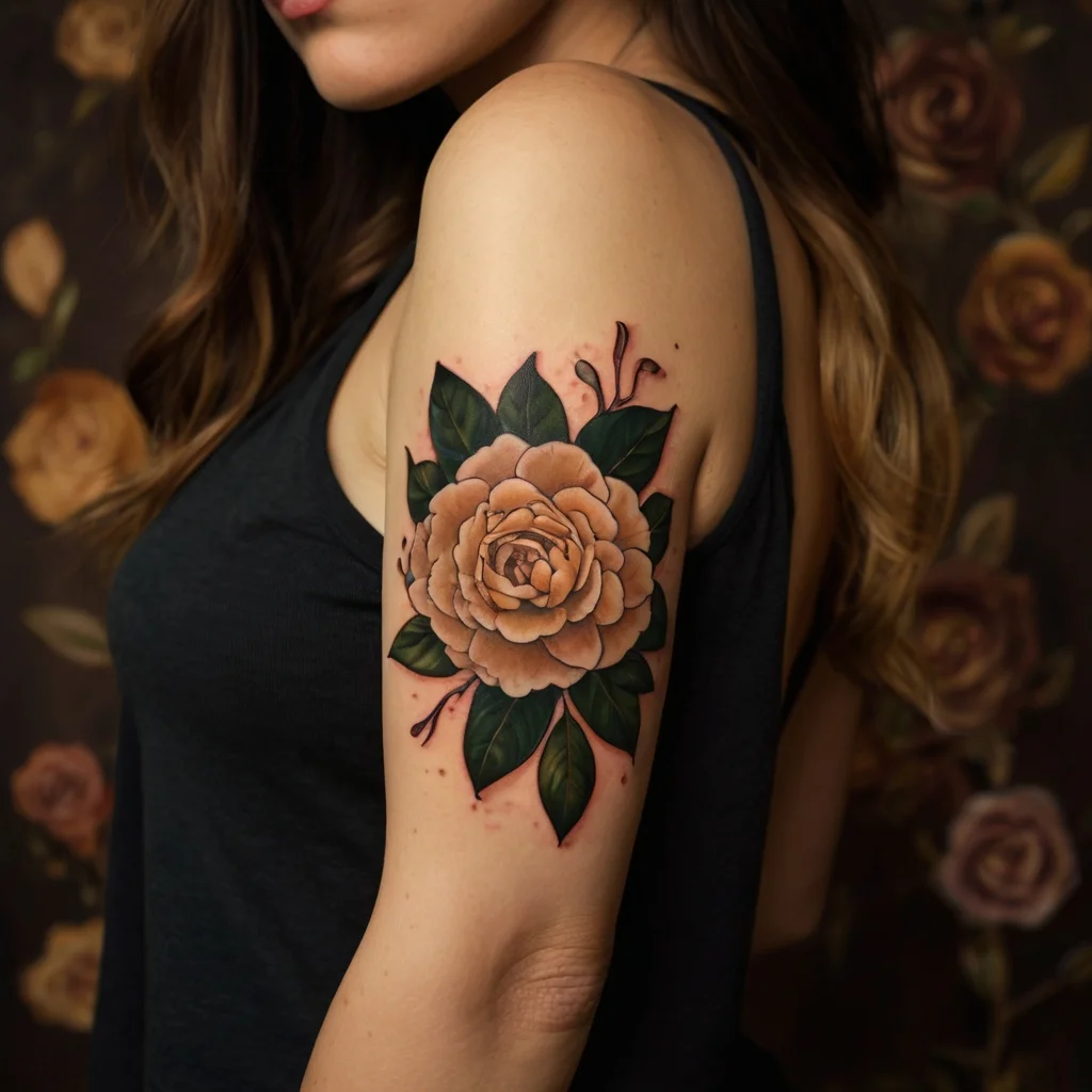 Tattoo of a detailed orange rose with green leaves on the upper arm, blending with a floral background.