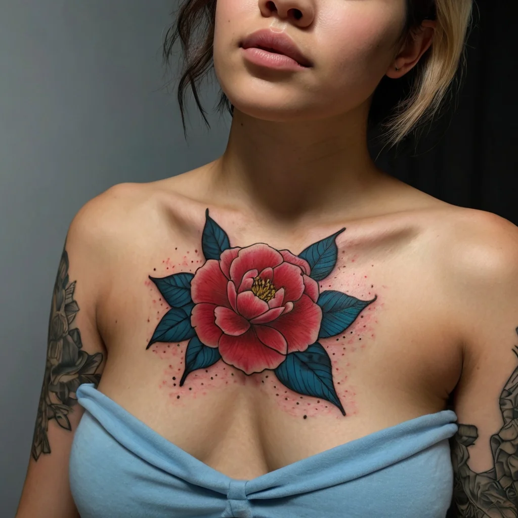 Chest tattoo of a vibrant red camellia with detailed blue leaves, accented by soft red dots for depth and contrast.