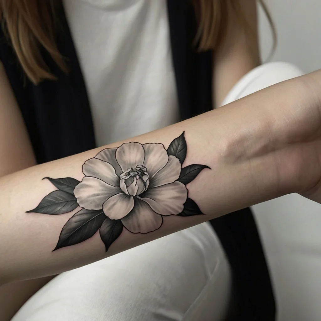 Black and grey camellia tattoo on forearm with soft shading, detailed petals, and dark leaves for contrast.