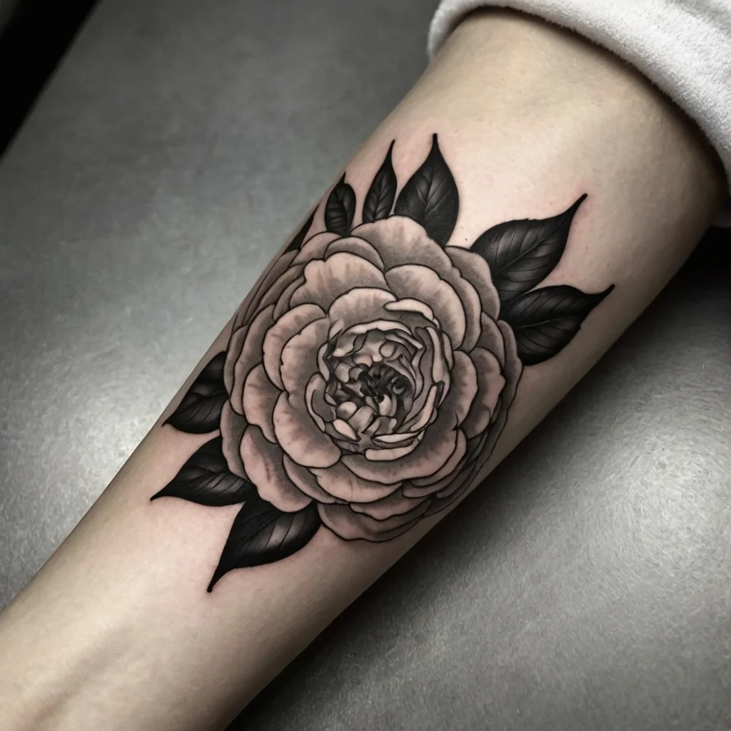 Detailed black and gray rose tattoo with layered petals and sharp leaves on the inner forearm.