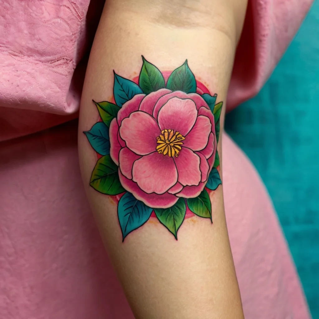 Vibrant pink camellia tattoo with bold outlines and green leaves, highlighting depth and contrast, on upper arm.