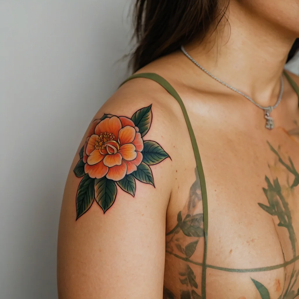 Bright orange camellia flower tattoo on shoulder with detailed green leaves and subtle shading, in a realistic style.