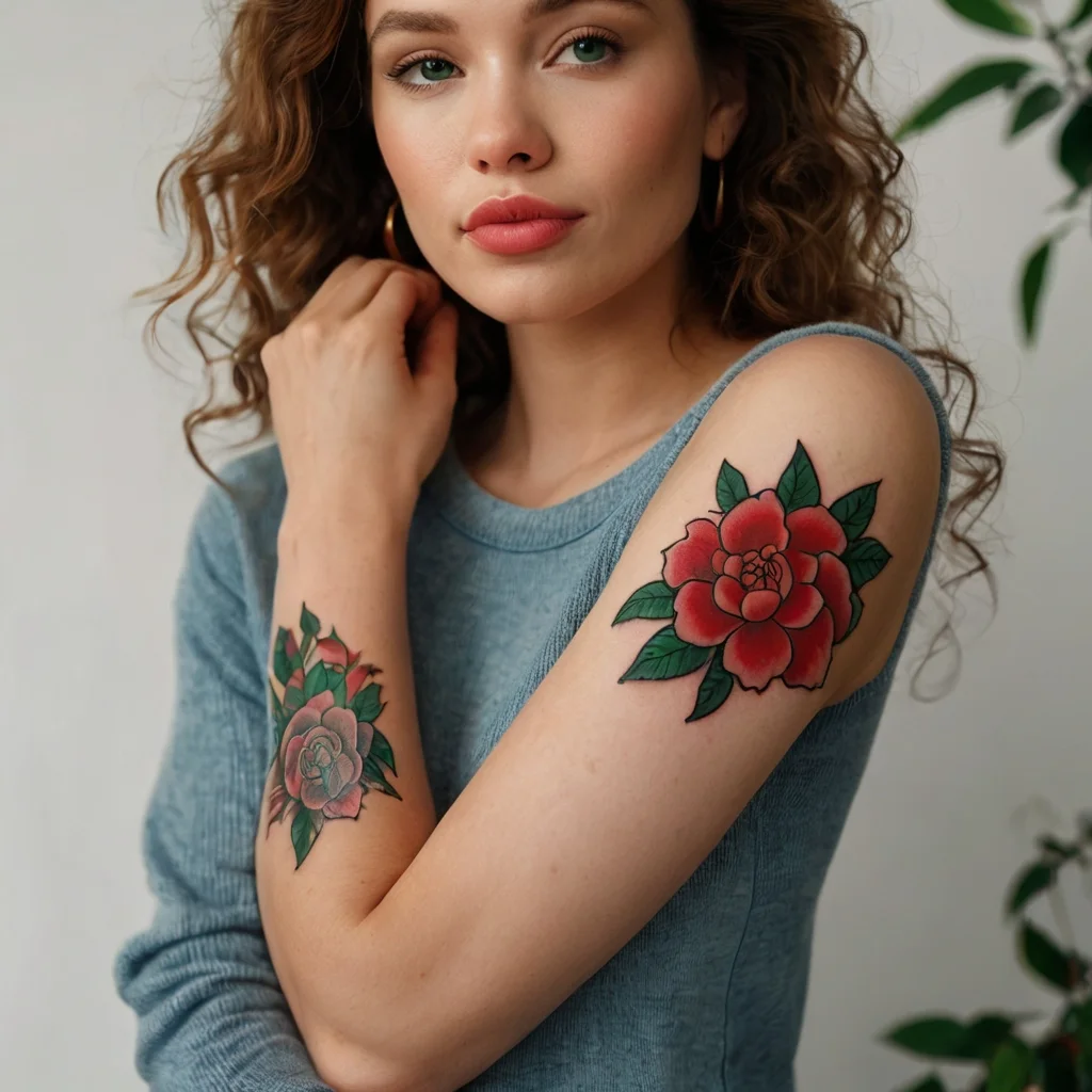 A vivid red flower tattoo on the upper arm with deep green leaves, complemented by a subtler floral design on the forearm.