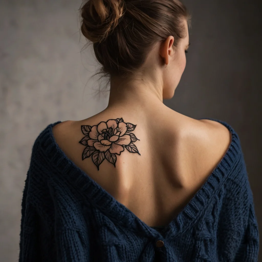 Blackwork floral tattoo of a blooming peony on the upper back, showcasing bold outlines and intricate petal details.