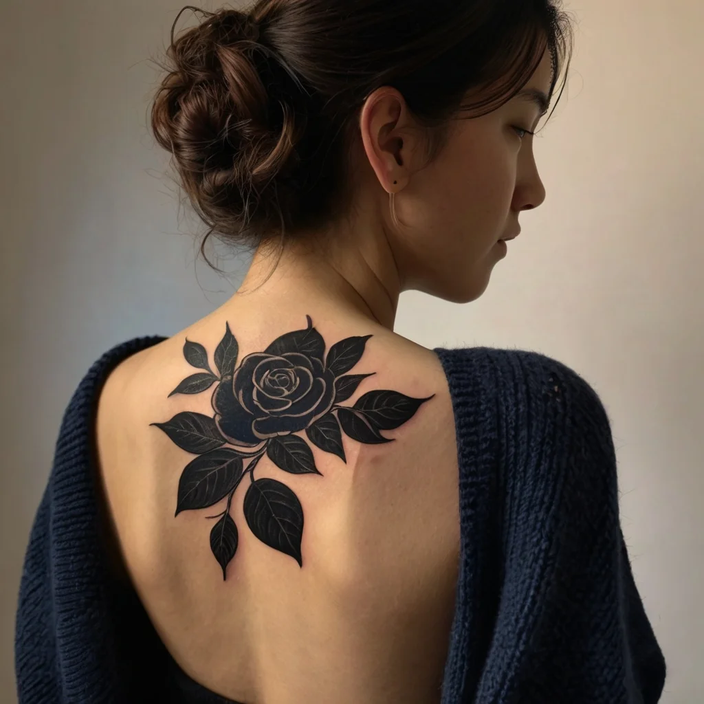 Stylish black ink rose tattoo with detailed petals and leaves on the upper back, symbolizing beauty and resilience.