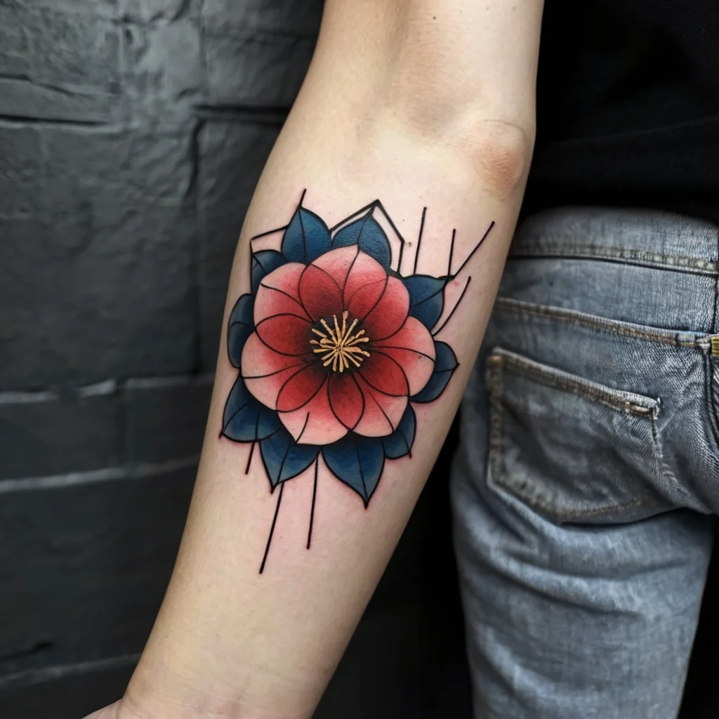 Geometric flower tattoo with red petals, blue leaves, and linear accents, featuring golden stamen details on forearm.