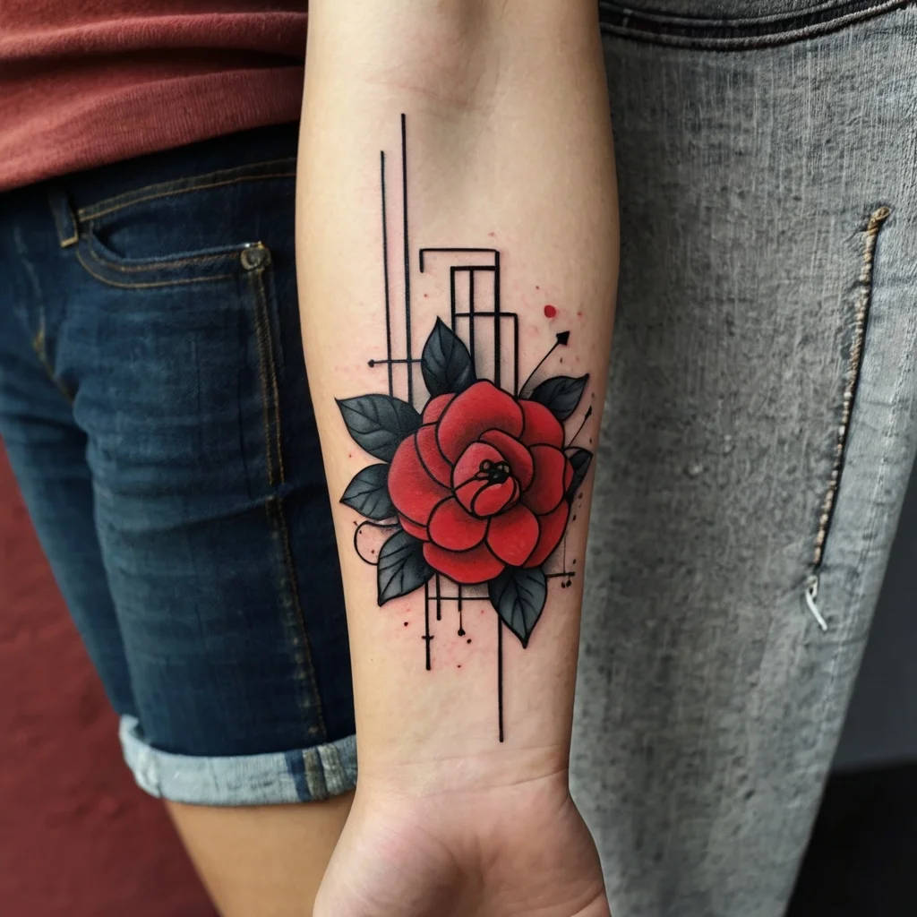 A geometric tattoo of a red rose with black leaves and linear details, blending realism with minimalist line work.