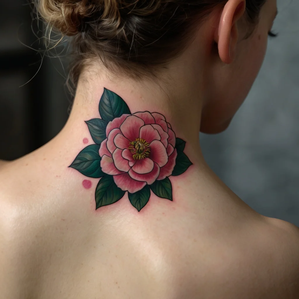 Tattoo of a detailed pink camellia with lush green leaves on the neck, symbolizing admiration and perfection.