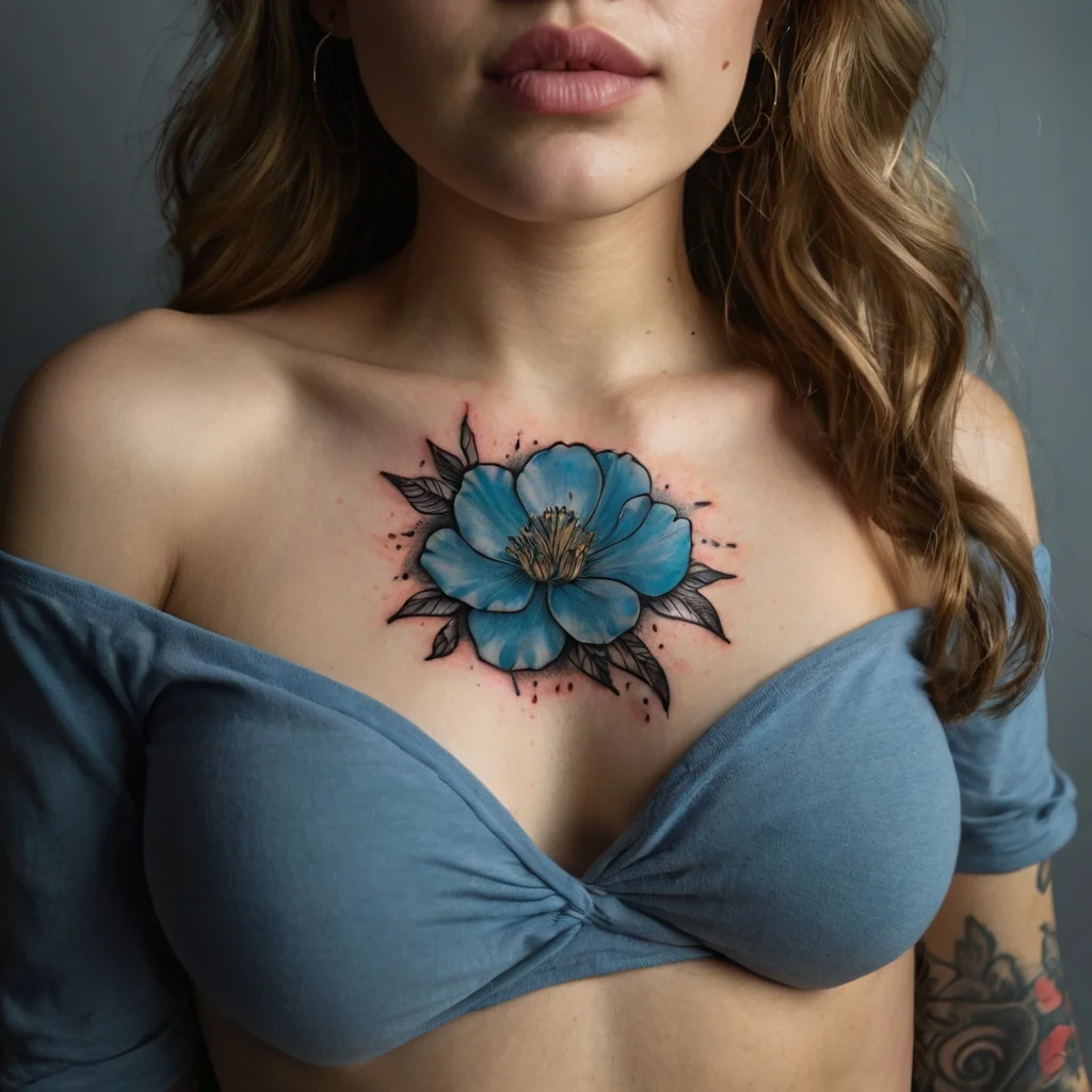 Chest tattoo of a vivid blue flower with black outlined petals and detailed shading, surrounded by subtle red splatters.