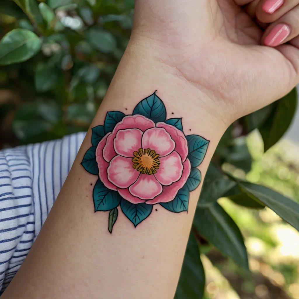 Colorful tattoo of a pink flower with green leaves on a wrist, showcasing bold outlines and vibrant shading.