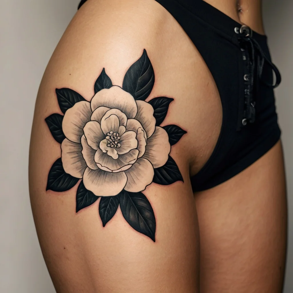 Black and gray floral tattoo on thigh, featuring a detailed rose with bold, shaded leaves for contrast.