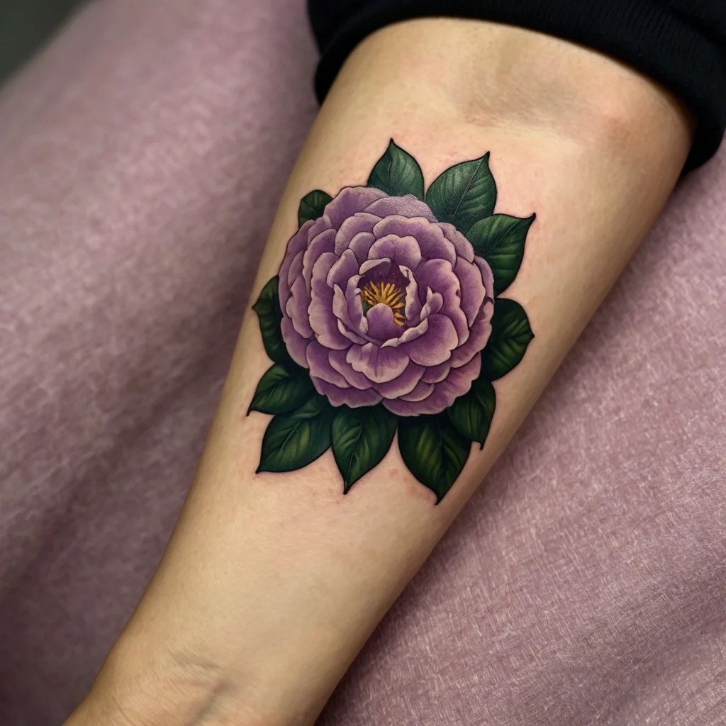 Tattoo of a detailed purple peony with lush green leaves on the forearm, blending realism with bold colors.