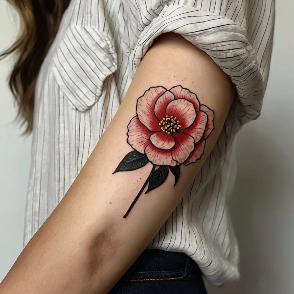 Bold floral tattoo design with a red and black peony on the upper arm, showcasing detailed petal and leaf shading.