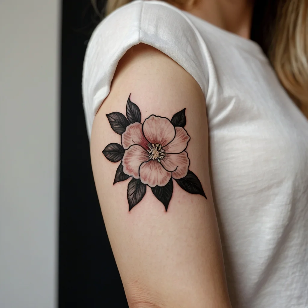 Delicate floral tattoo with soft pink petals and bold black leaves on the upper arm, showcasing intricate shading.