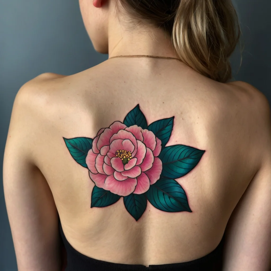 Tattoo of a vibrant pink camellia flower with rich green leaves, centered on the upper back, blending traditional and modern styles.