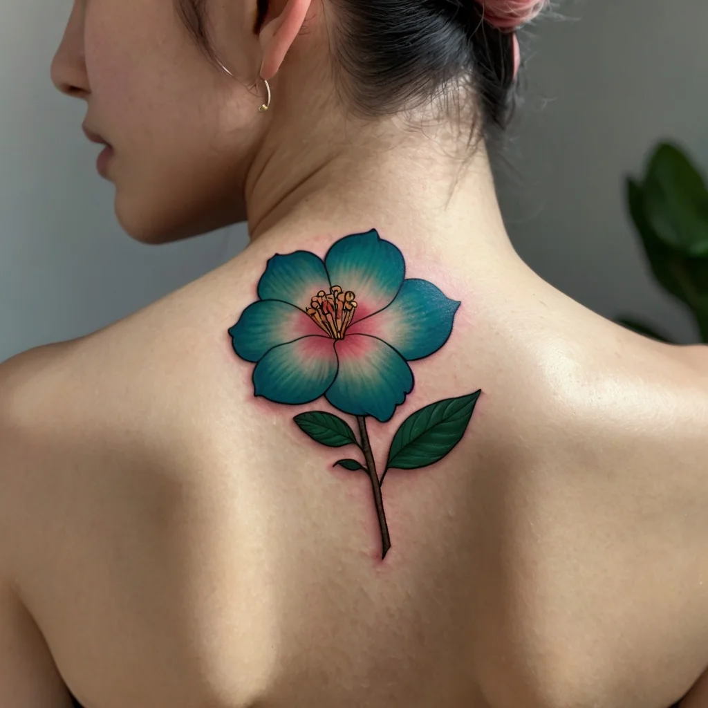 Bright teal flower tattoo on upper back, with pink hues and green leaves, showcasing delicate petal details.