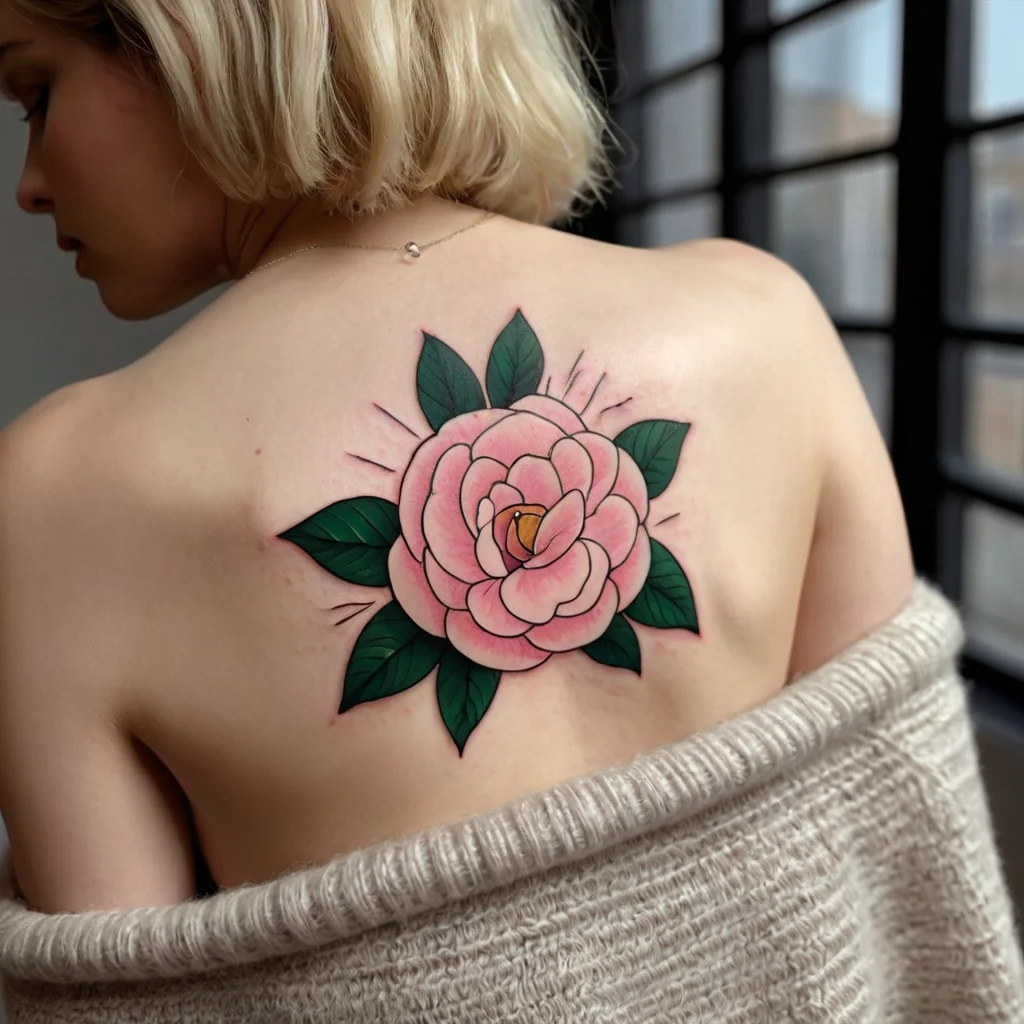 A large, pink camellia tattoo with bold outlines and green leaves adorns the woman's upper back, offering a vibrant, nature-inspired design.