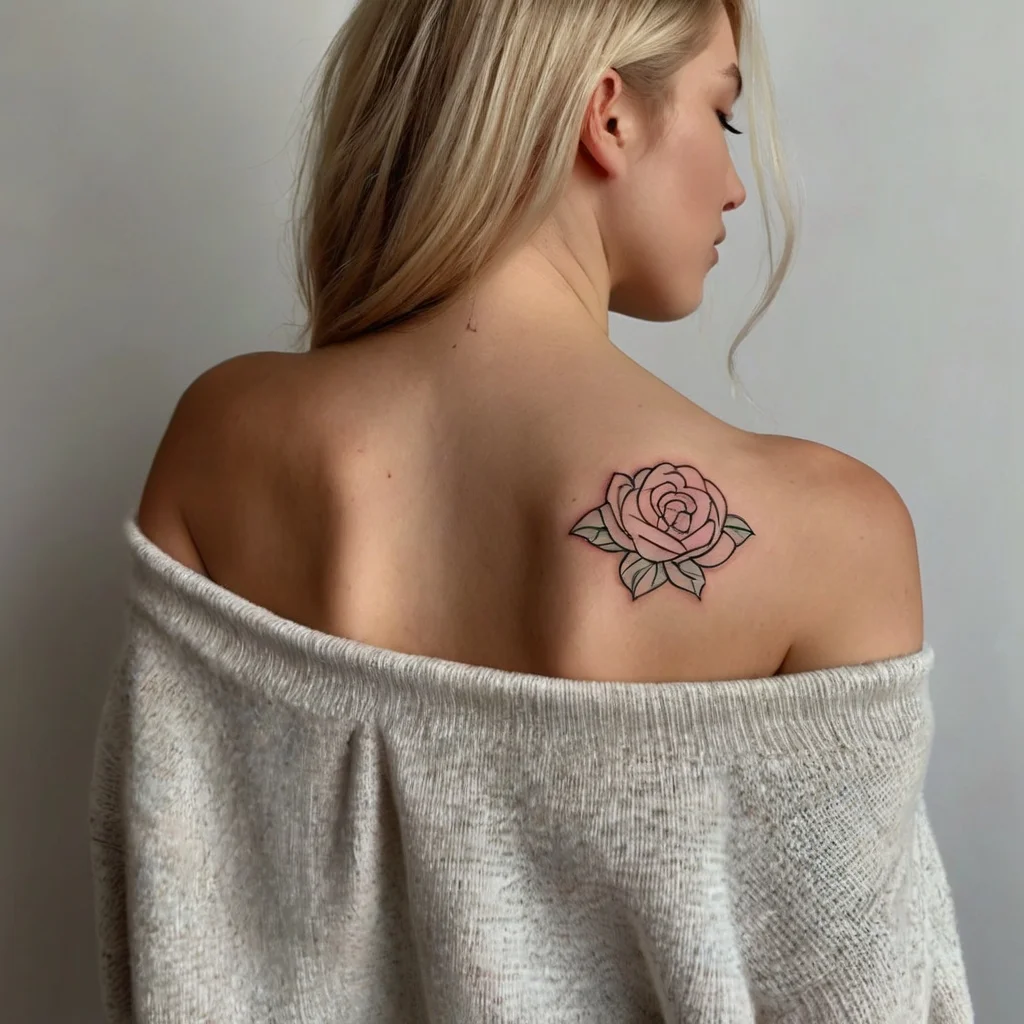 Tattoo of a delicate pink rose with green leaves on the upper back, showcasing simplicity and elegance.