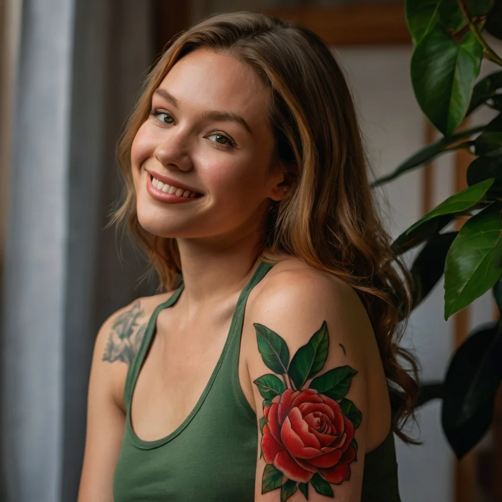 A vibrant red rose tattoo on the upper arm, featuring lush green leaves and intricate shading, symbolizing beauty and passion.