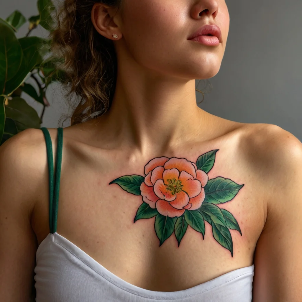 Chest tattoo of a vibrant orange peony with rich green leaves, symbolizing beauty and prosperity.