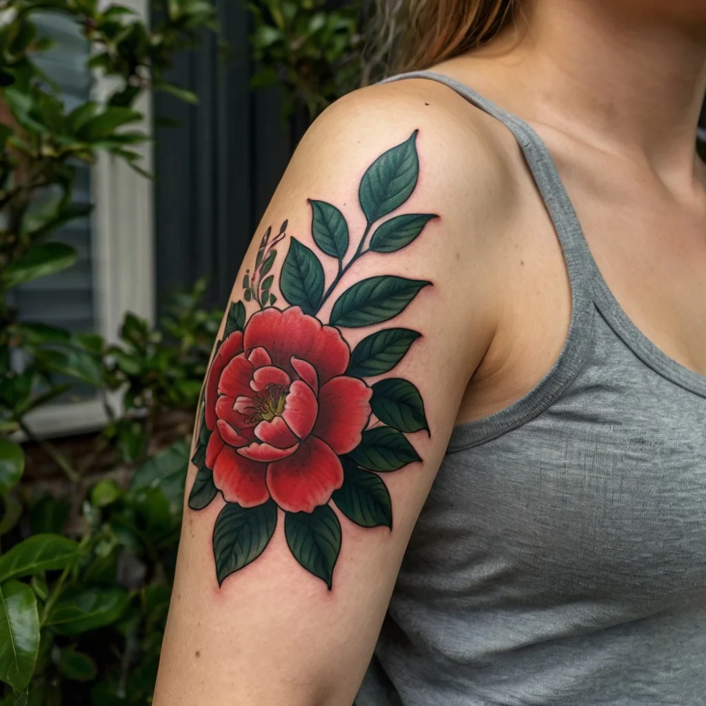 A vibrant red peony tattoo on the upper arm, surrounded by lush green leaves, symbolizing beauty and growth.