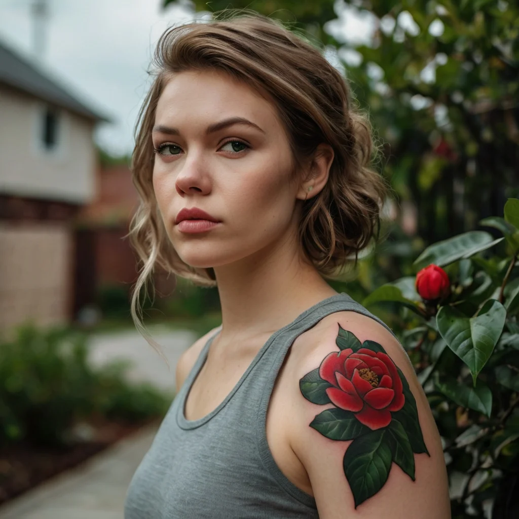 A vivid red camellia tattoo with detailed petals and rich green leaves on the shoulder, symbolizing passion and beauty.