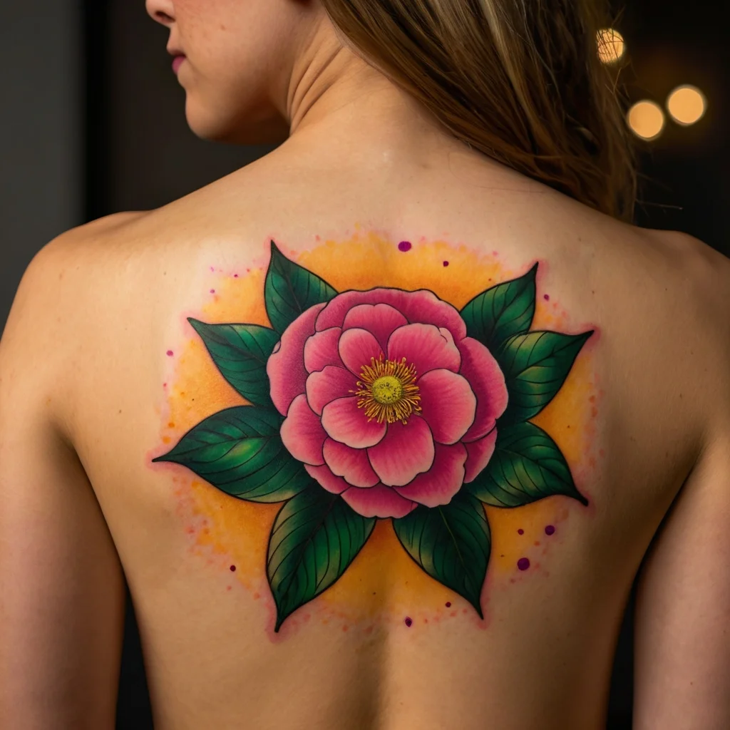 Tattoo of a pink peony with green leaves on a vibrant orange background, placed on the upper back.