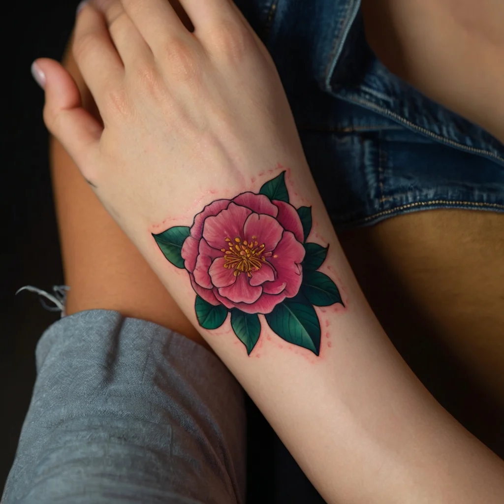 Vibrant pink peony tattoo with deep green leaves and yellow stamen, elegantly placed on the forearm for a bold statement.