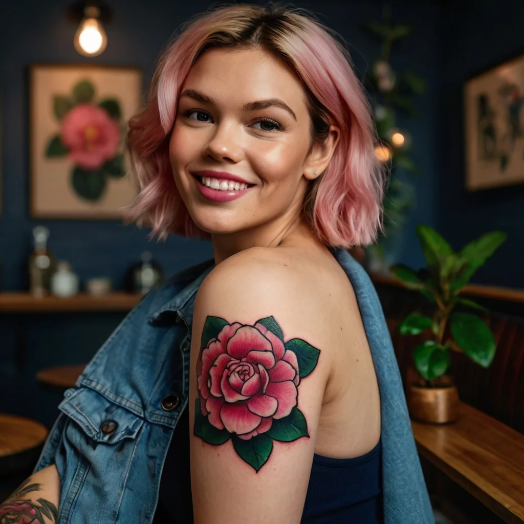 Pink rose tattoo on upper arm, featuring detailed petals and vibrant green leaves, symbolizing beauty and new beginnings.